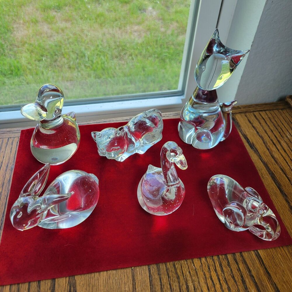 Vintage Clear Glass Animal Figures Paperweight Lot Of 6 MCM Mid Century Retro